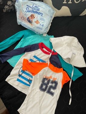 Boys Rash Guard & Swim Shirt Set with White Sun Hat and swim diapers